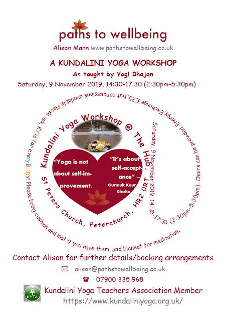 Saturday, 9 November 2019, 14:30-17:30 (2:30pm-5:30pm). Chairs can be provided. Energy Exchange £25, but concessions available Please ask. KY is for everyBODY! Please bring cushion and mat if you have them, and blanket for meditation.