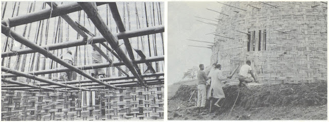Слева — рабочие на строительных лесах внутри дома. Справа — частично законченный дом с торчащими изнутри строительными лесами. Фото из статьи J. Olmstead, 1972. The dorze house: a bamboo basket