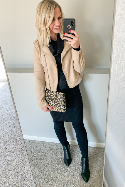 Black sweater dress with faux suede moto jacket