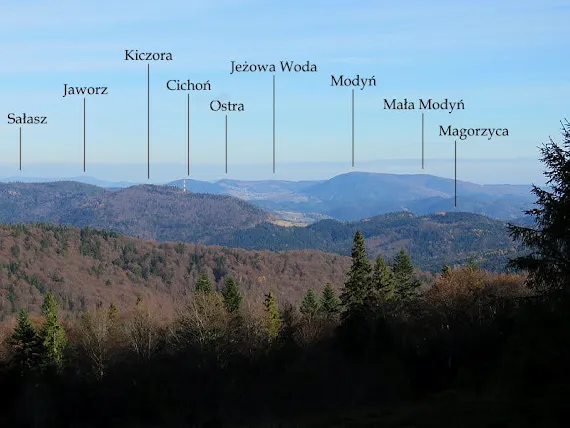 Polana Adamówka - opis panoramy Widok z Polany Adamówka