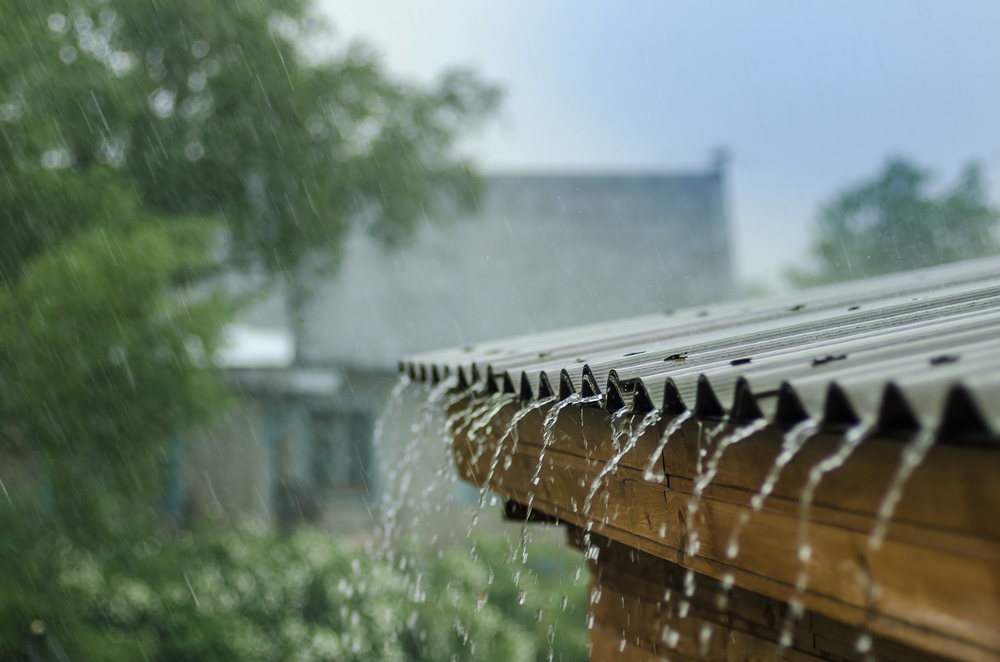 Rainwater flows down a roof