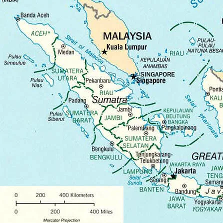 peta pulau Sumatra, bagian selatan meliputi Sumatra Selatan, Bengkulu, Lampung dan kepulauan Bangka Belitung