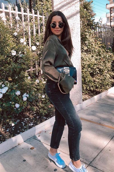 21+ Non-Boring Fall Outfits for Work | Wrap Satin Top in Khaki Green + jeans + Classic Canvas Sneakers