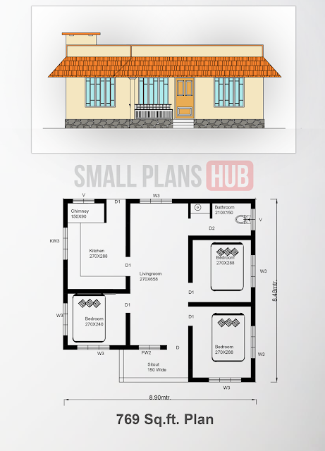 769 Sq.Ft.Three Bedroom House Plan and Elevation