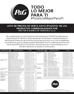 Nueva lista de Precios de Venta Justos es publicada por Procter & Gamble en Venezuela