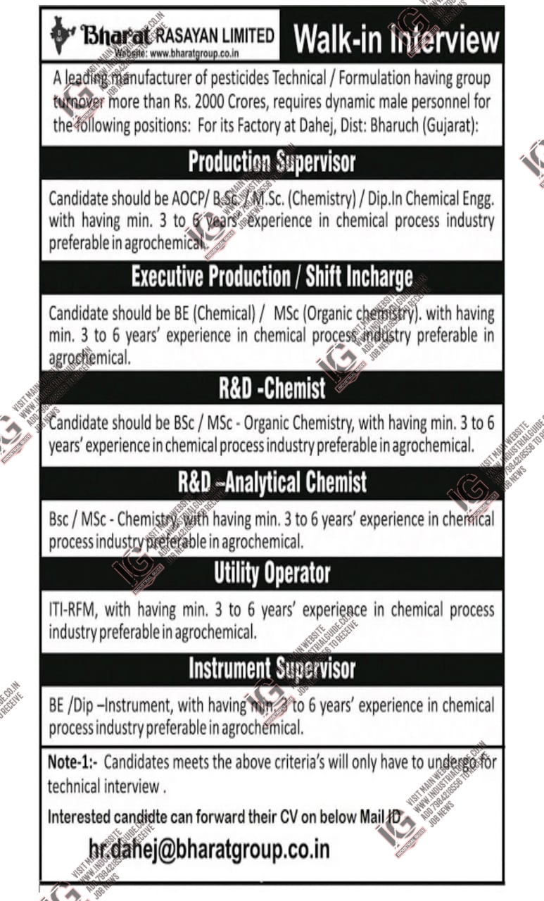 Bharat Rasayan Dahej jobs for Production R&D Analytical Chemist Utility