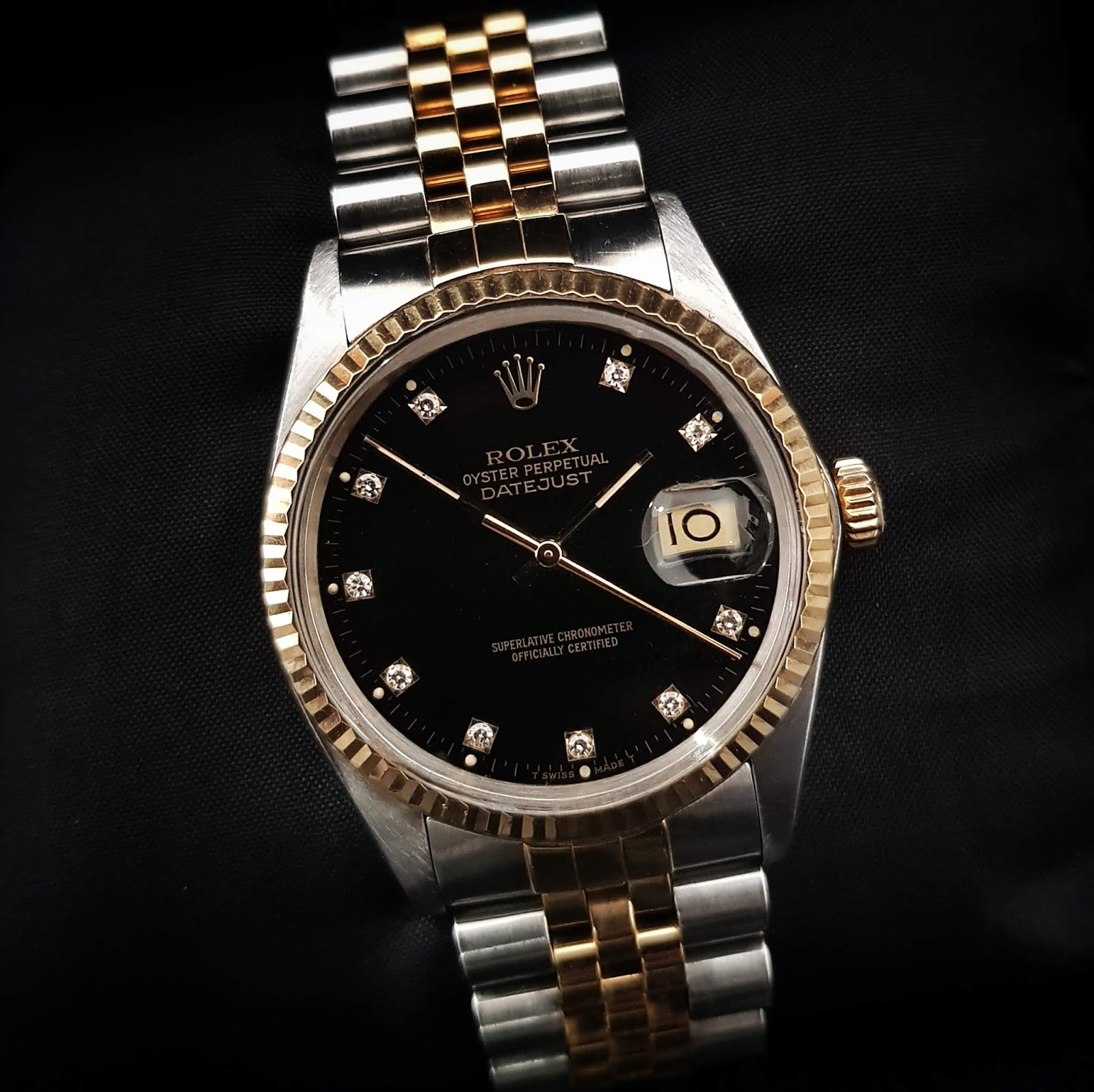 Watch Temptation Jual Beli Jam Tangan Second Arloji Mewah Bekas Original Sold Preowned Rolex Datejust Two Tone Gold Steel Black And Diamond Dial