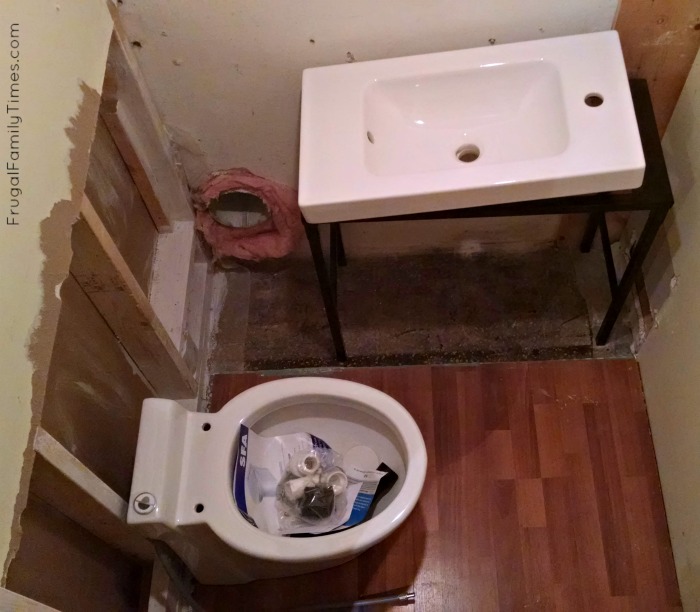 Diy How We Made A Bathroom In Our Basement Without Breaking This Is The Closet After Partial Demolition And Before Floor Went In Yes That An Electronic Keyboard Stand Sink Sitting On To