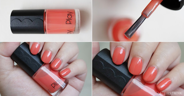 Etude House Play Nail OR051 Honey grapefruit living coral nail polish swatch bottle brush on nails close up whole hand