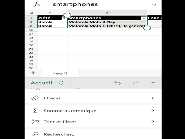 Supprimer filtre Excel Android
