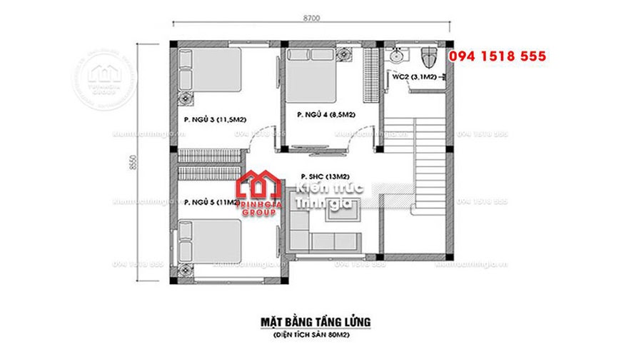 Bản vẽ mẫu nhà cấp 4 có gác lửng thiết kế hiện đại mái thái - Mã số BT1011 - Ảnh 1