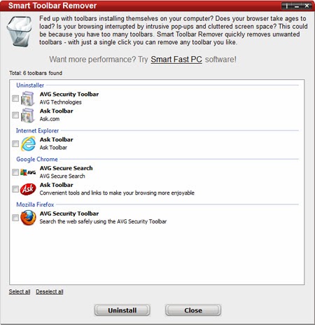 برنامج مجاني للتخلص من وإزالة أشرطة الأدوات المزعجة من المتصفح Smart Toolbar Remover free