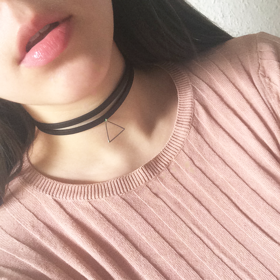 fashion blogger, accessories, jewellery, leather triangle, pink bershka ribbed round neck top