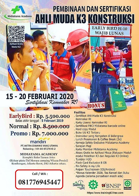 Ahli Muda K3 Konstruksi tgl.15-20 Februari 2020 di Jakarta