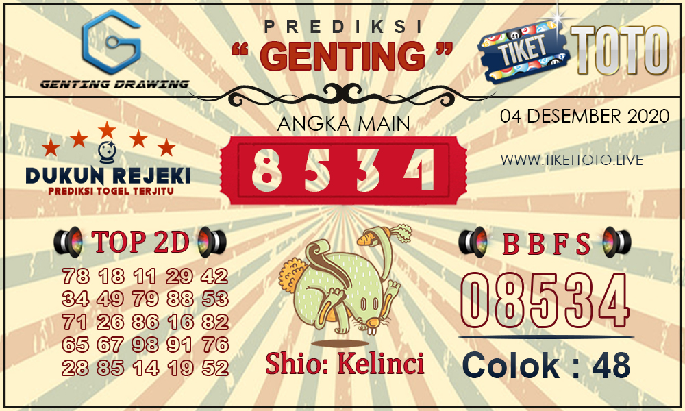 Prediksi Togel GENTING DRAWING TIKETTOTO 04 DESEMBER 2020