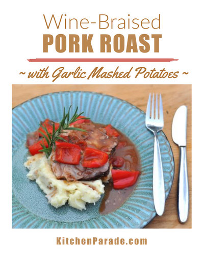 Wine-Braised Pork Roast with Garlic Mashed Potatoes ♥ KitchenParade.com, how to cook a pork roast in wine and rich spices, with tomatoes and bell peppers.
