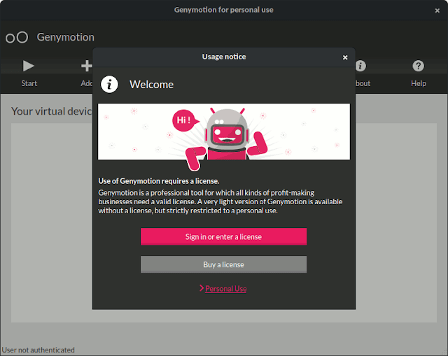 Jendela konfirmasi lisensi ketika perdana menjalankan Genymotion