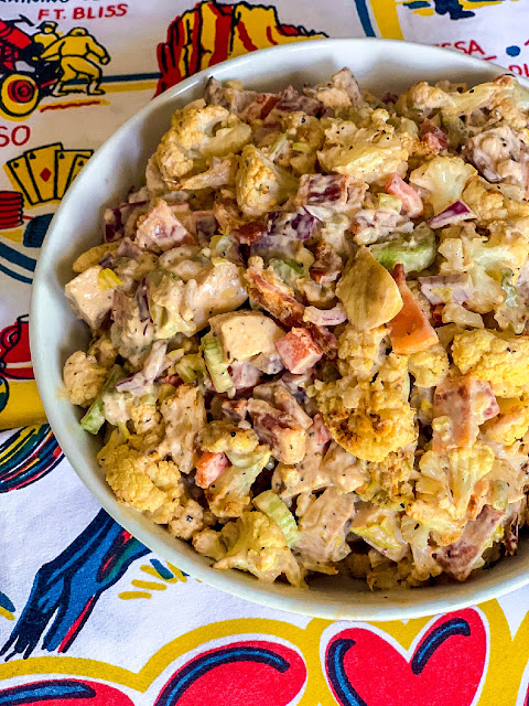 Loaded Keto Roasted BBQ Cauliflower Salad, a low carb version of Loaded Potato Salad also known as Fauxtato.  Taste just like the standard version with all the flavors and few carbs.
