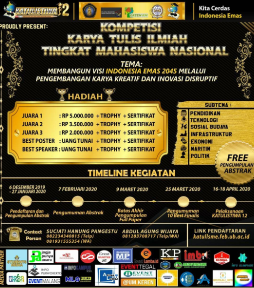 Lomba Karya Tulis Ilmiah Nasional KATULISTIWA 2020 di UB
Lomba Karya Tulis Ilmiah Nasional KATULISTIWA 2020 di UB