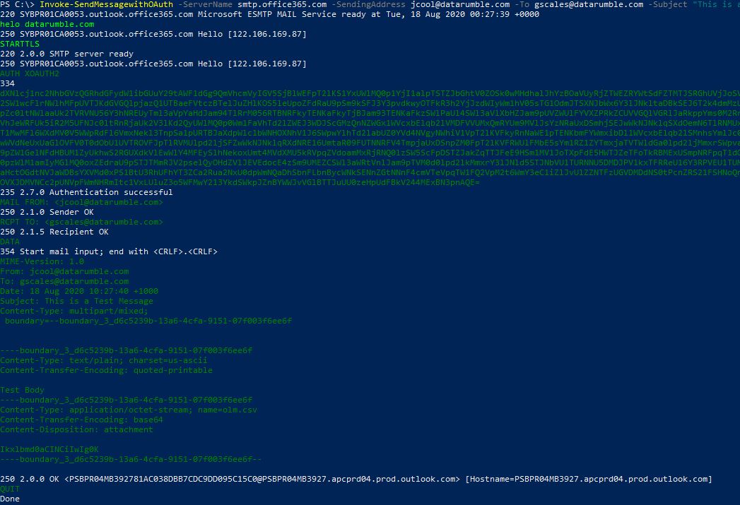 Testing and Sending email via SMTP using Opportunistic TLS and oAuth in  Office365 with PowerShell