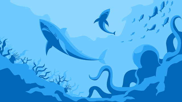 sharks, octopus and fishes in the deep ocean in a 8k desktop wallpaper blue