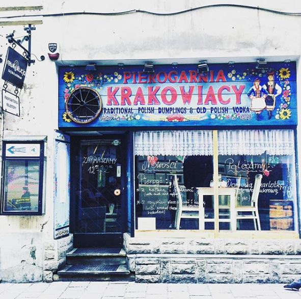 dumpling shop and cobbled street in krakow