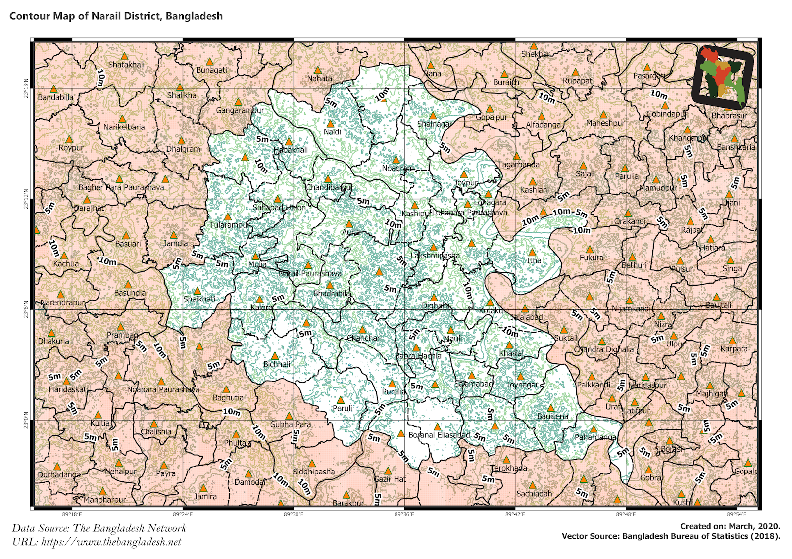 Elevation Map of Narail District of Bangladesh