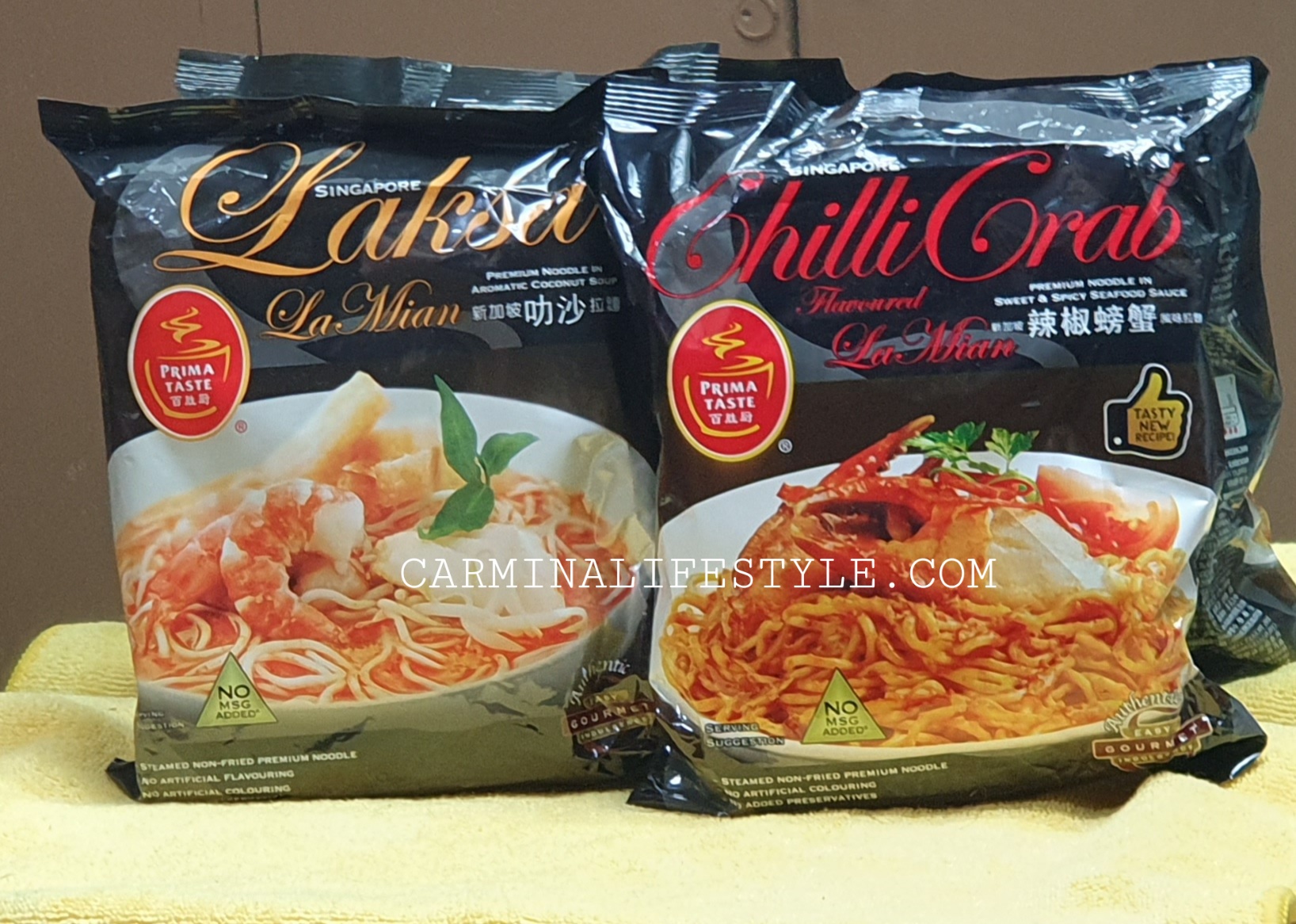 Prima Laksa and Chili Crab both from La Mian Premium Instant Noodles