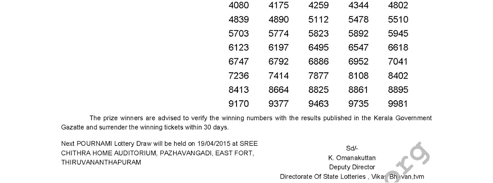 POURNAMI Lottery RN 180 Result 12-4-2015