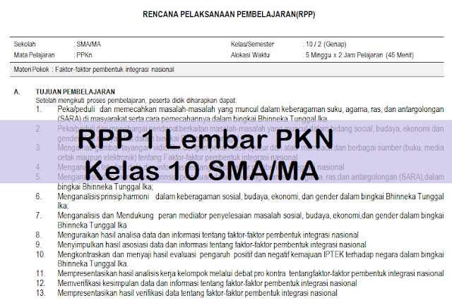 RPP 1 Lembar PKN Kelas 10 SMA/MA