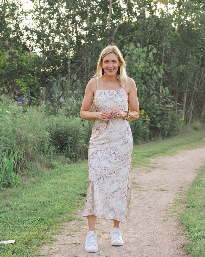 slip dress and sneakers