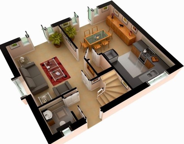 Modern Three Bedroom Floor Plans With 3d Dimensions Face