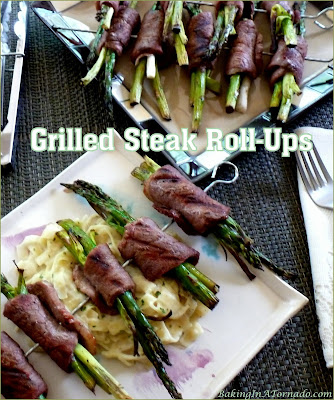 Grilled Steak Roll-Ups, thin slices of beef are stuffed with vegetables, rolled and grilled. Fast and flavorful, quick enough for the family, fancy enough for a dinner party. | Recipe developed by www.BakingInATornado.com | #grilling #dinner