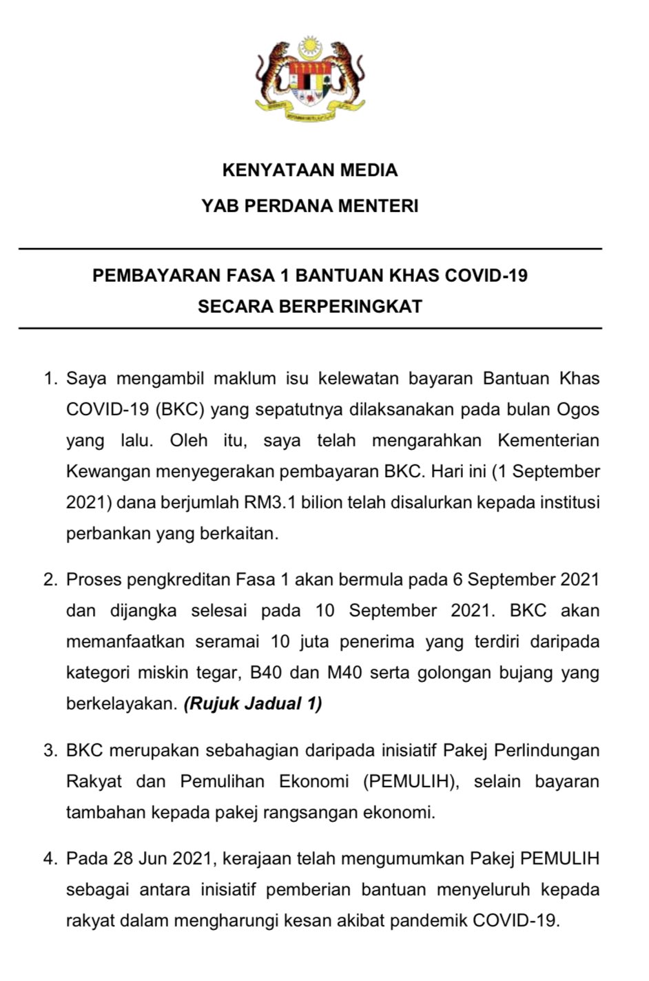 Pembayaran Fasa 1 Bantuan Khas Covid19 Secara Berperingkat Bermula 6