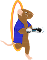 Image: Frank the mouse steps through a portal (from the video game "Portal") holding a portal gun in his right hand, which he is steadying with his left hand. Caption: 