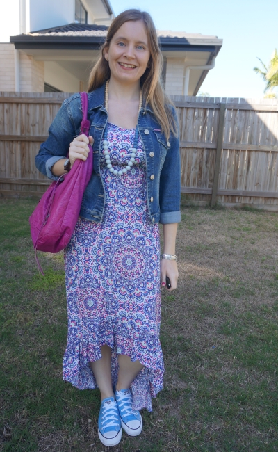 dressing down high low ruffle hem mandala print maxi dress with converse denim jacket Balenciaga hobo bag | away from the blue