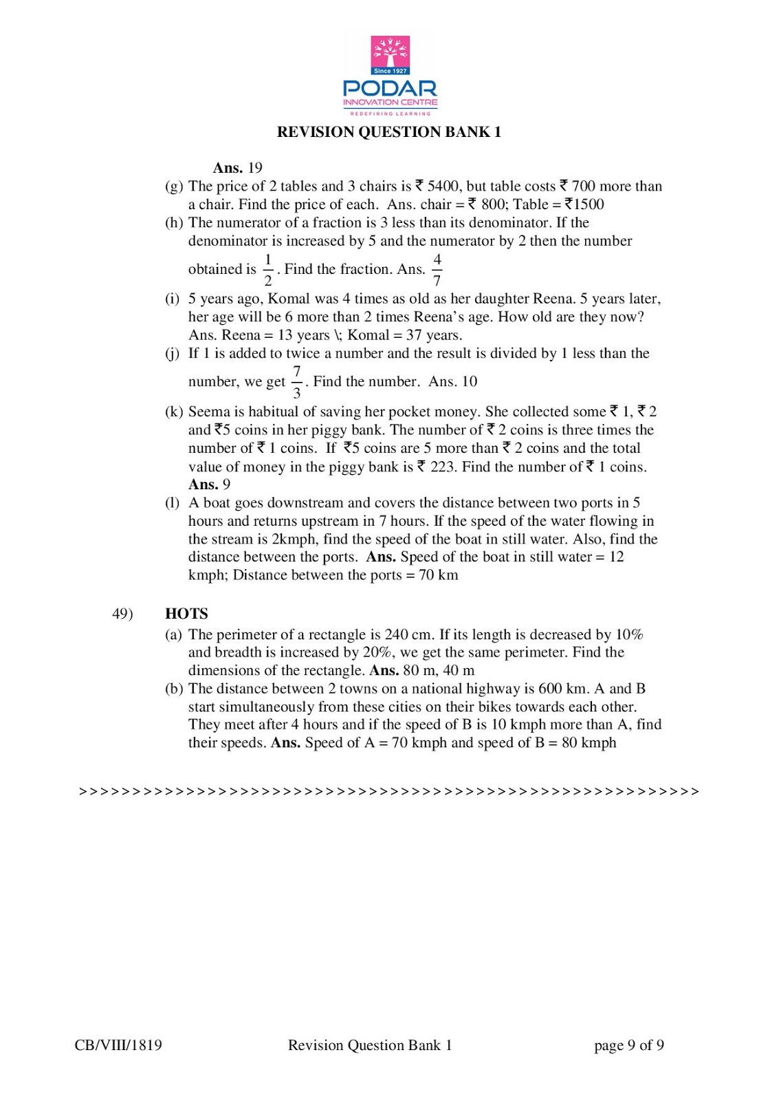 Math Revision Question bank 1 Answer Scheme