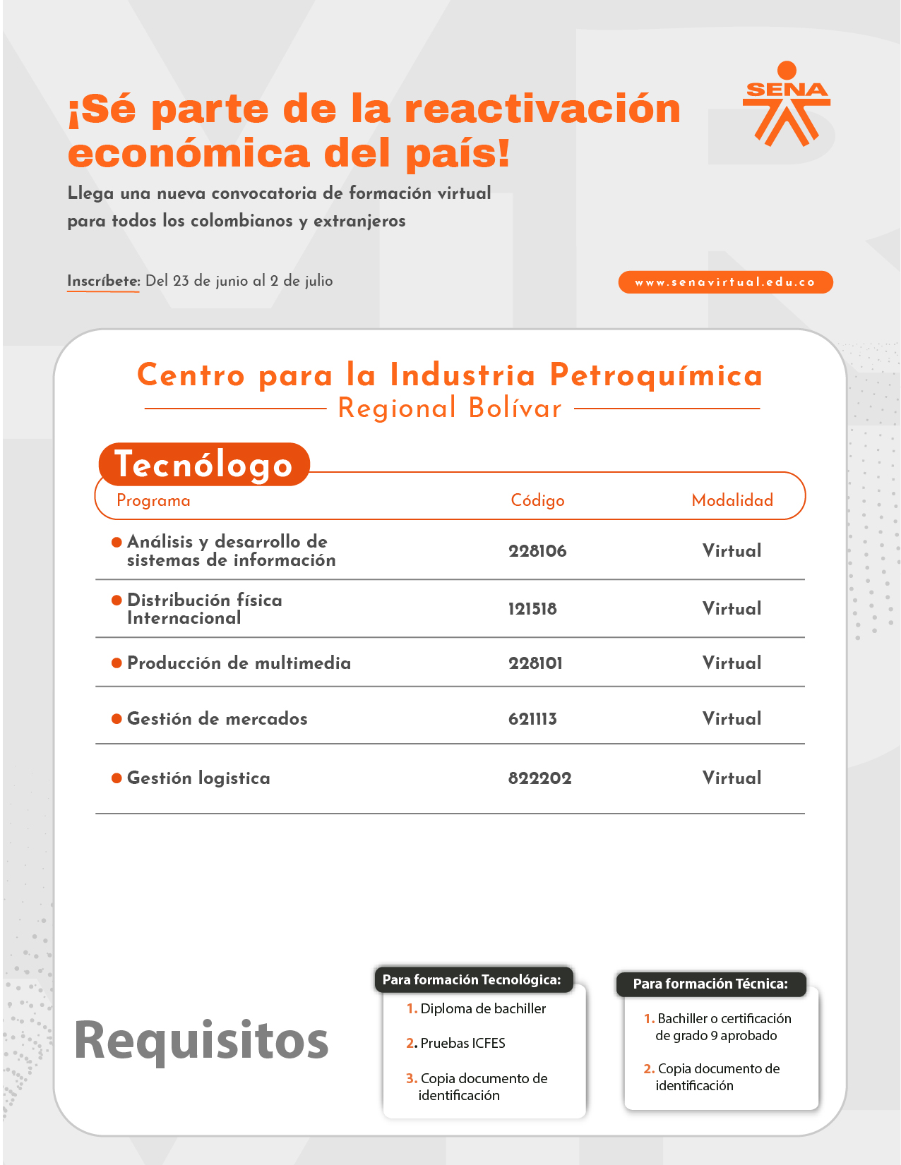 Centro para la Industria Petroquímica CONVOCATORIA VIRTUAL SENA 22 JUNIO 2021