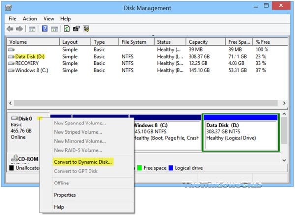 Convertir un disque de base en disque dynamique