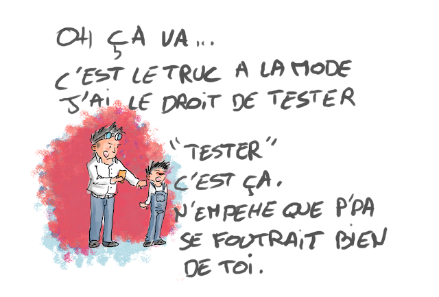 Kyopé s'énerve et dit qu'il a bien le droit de tester. Cam rétorque que c'est quand même la honte et que p'pa se foutrait de lui