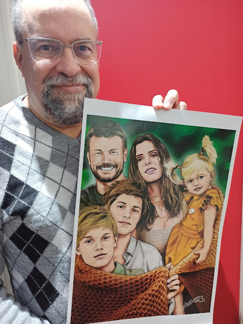 Rodrigo Hilbert e Fernanda Lima junto aos filhos, arte do Desenhista Marcelo Lopes de Lopes