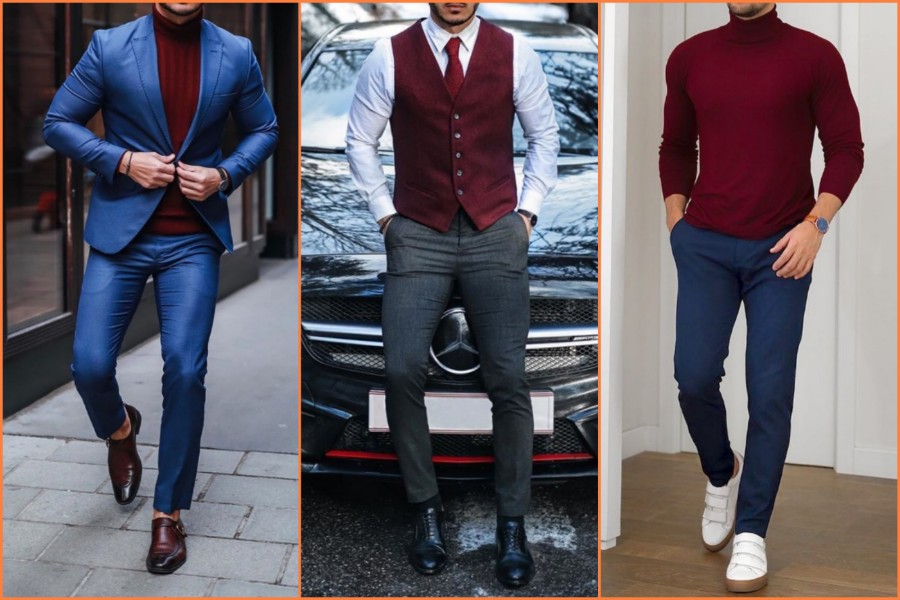 20+ Different dark red color men's outfit combinations and ideas.