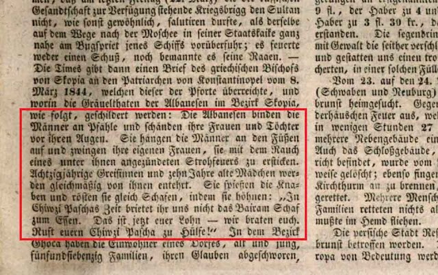 Bayreuther Zeitung 1844: 'Albanesische Gräueltaten an den Christen in Skopje'