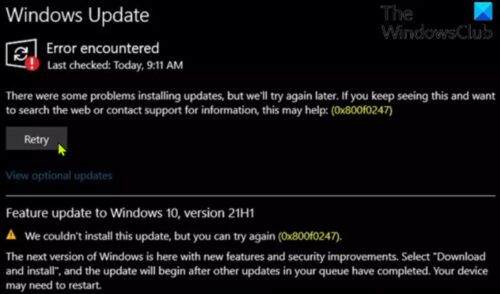 Error de actualización de Windows 0x800f0247