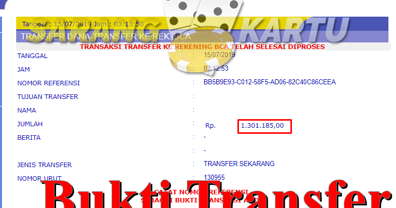 Selamat Kepada Member Sarang Kartu Atas Kemenangan Sebesar Rp 1.301.185