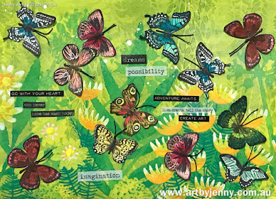 butterflies art journal page using stamps and other mixed media craft supplies