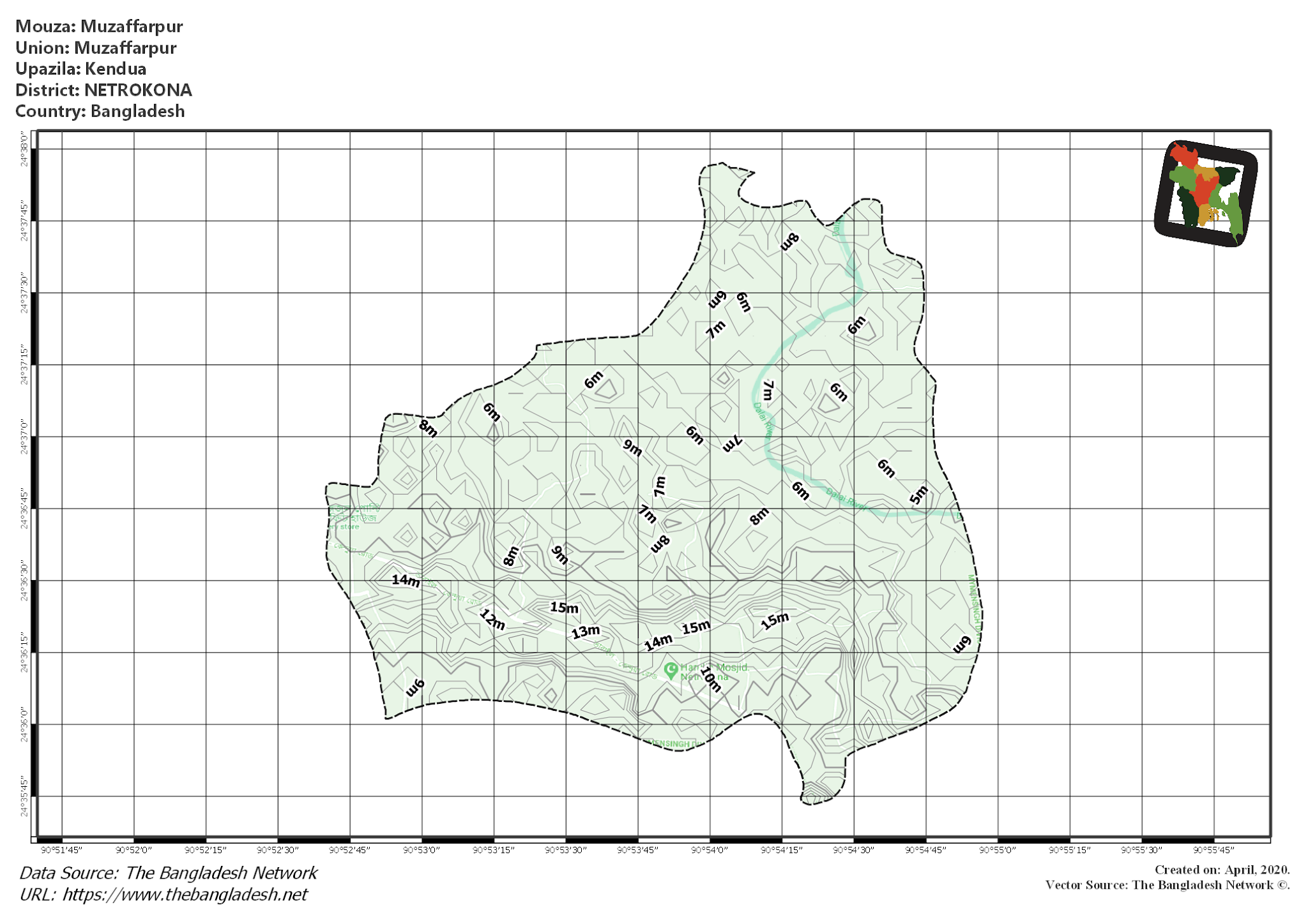 Map of Muzaffarpur Mouza of Kendua Upazila, NETROKONA, Bangladesh.