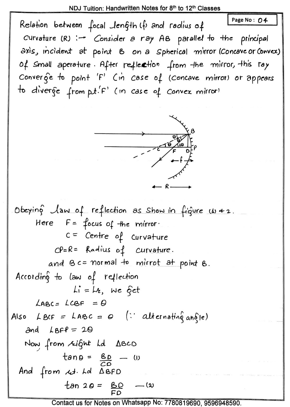 Ray Optics Handwritten Notes for Class 12th Physics