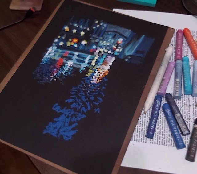 Rain I and II Oil pastels on black paper