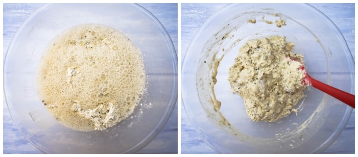 making cheese & chive beer bread - step 4 making cheese & chive beer bread - step 4 - beer added to dry ingredients